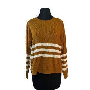 Pink Republic Womens Sweater Mustard Gold Striped Large Cotton Acrylic Knit Good